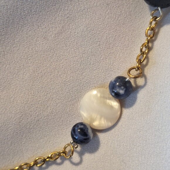 Artisan Handmade Mother of Pearl Sodalite Lava Stone Diffuser Bead Necklace - Picture 5 of 6